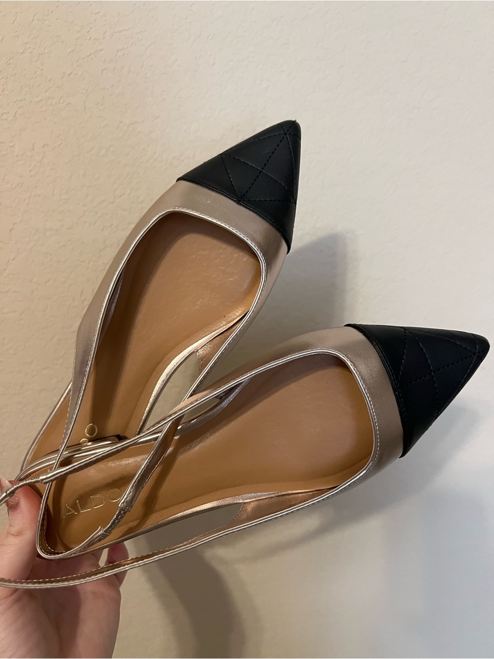 Aldo Black Pointed Toe Metallic Gold Slingback Flats